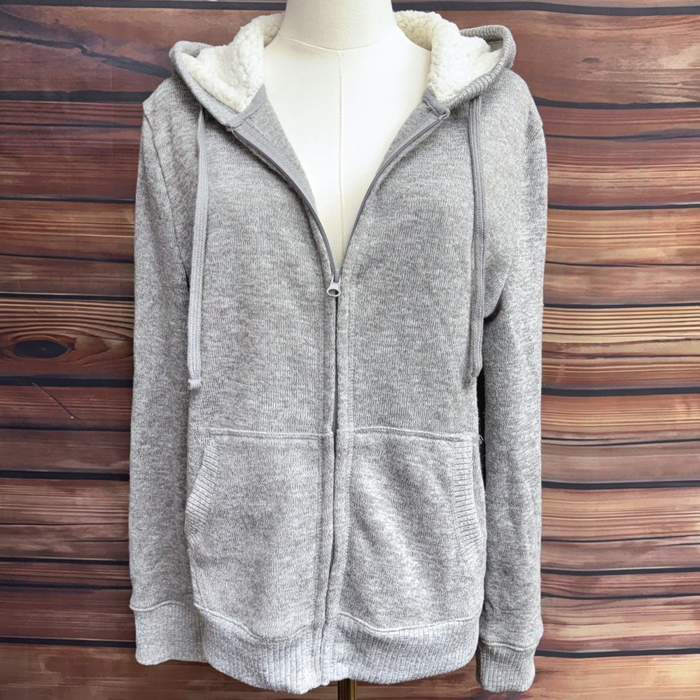 Almost Famous Women Gray Marl Sherpa Lined Zip Up Hoodie XL SP1061MAC